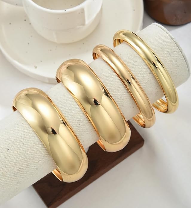 Chunky Gold Bangle Bracelets for Women, Dainty 14k Gold Plated Big Stackable Bangles Set, Trendy Cuff Bracelet Stack Fashion Jewelry Gifts