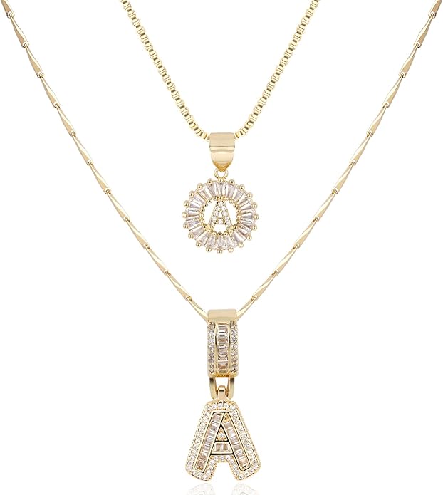 14K Gold Plated Alphabet Necklace Cubic Zirconia Letter Pendant, Personalized Name Jewelry Gift for Women, Customizable A-Z, Birthday/Mothers Day Gifts for Womens