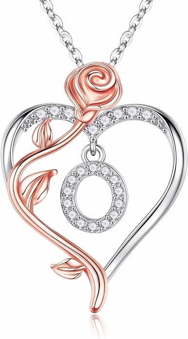 Iefil Valentines Day Gifts for Her - 925 Sterling Silver Rose Heart Initial Necklace, Anniversary Birthday Gifts for Women, Jewelry Gift for Her Wife Girlfriend