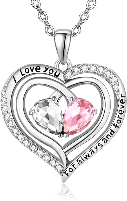Valentine's Day Gifts for Wife 925 Sterling Silver Double Birthstone Pendant Necklaces I Love You for Always and Forever Necklace Anniversary Birthday Gifts for Wife Girlfriend Mom Her