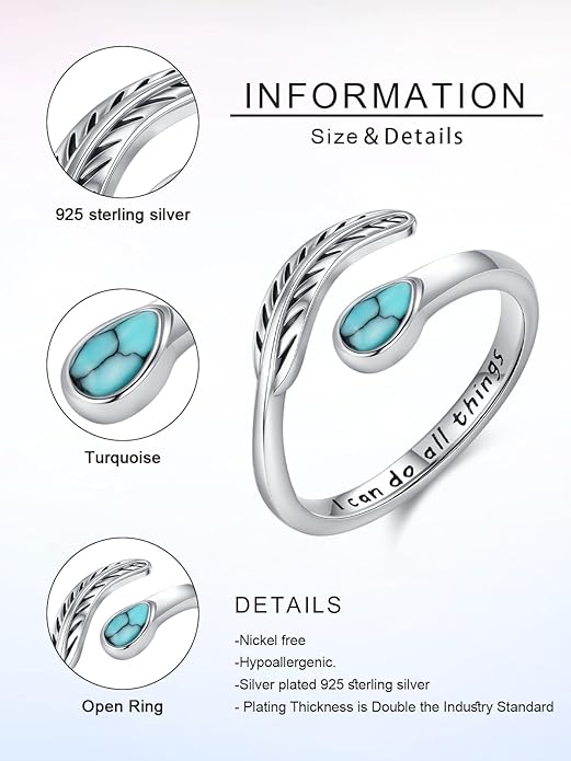 Turquoise/Moss Agate/Moonstone/Black Onyx/Lapis Lazuli/Labradorite/Tiger Eye Feather Ring 925 Sterling Silver Adjustable Ring Western Thumb Rings Vintage Jewelry Gifts for Women