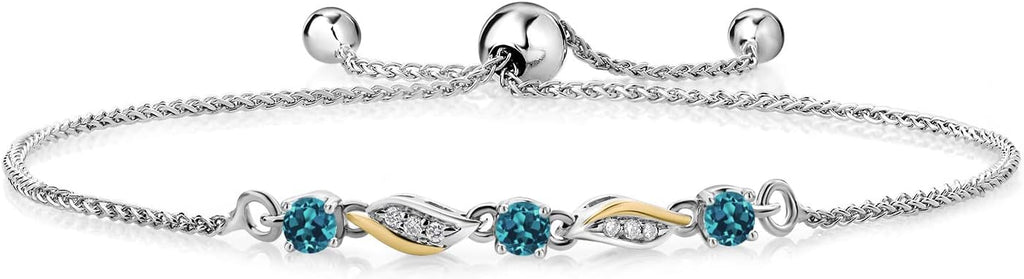 Gem Stone King 3-Stone Adjustable Bracelet for Women | 925 Silver and 10K Yellow Gold | Gemstone Birthstone and Lab Grown Diamond | Round 3MM | Two-Tone Adjustable Tennis Bracelet Up to 9 Inch