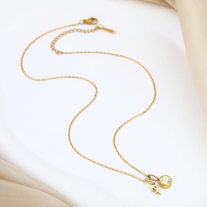 MISS RIGHT Initial Birthstone Necklace for Women - Personalized Gifts Birthday Gifts for Women Stainless Steel 18K Gold Plated Dainty Gold Zodiac Sign 12 Constellation Horoscope Necklace Jewelry