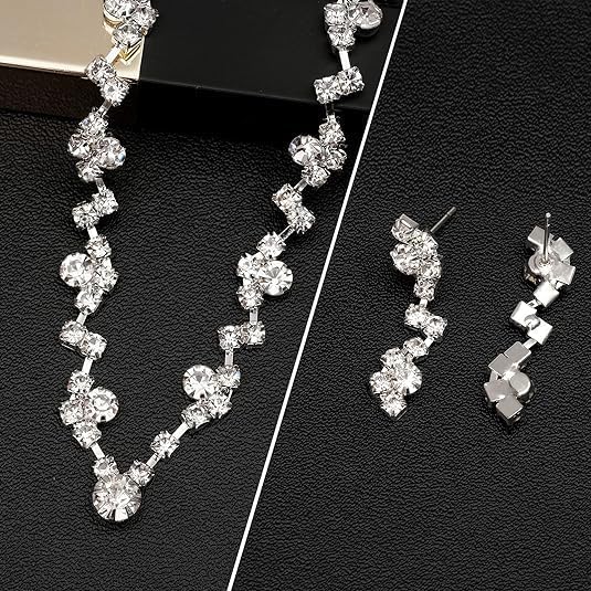 Silver Crystal Bridal Jewelry Set, Teardrop Dangle Earrings Rhinestone Necklace Bracelet for Bride Bridesmaid Crystal Bridal Wedding Party Jewelry Sets