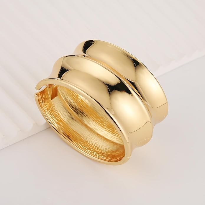 HZMAN 18K Gold Plated Wide Cuff Bracelet for Women - Premium Alloy Shiny Polished Double Layer Statement Bangle, Trendy Daily Wear Party Jewelry Accessory