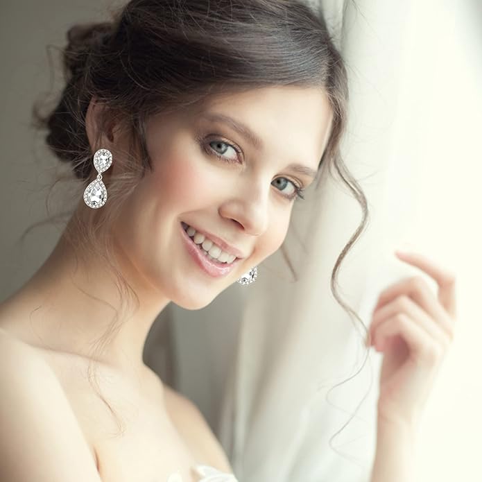 THUNARAZ 4 Pairs Silver Clip on Earrings for Women, Sparkly Rhinestone Tassel Chandelier Teardrop Dangle Earrings for Brides Bridesmaids Non Pierced Prom Jewelry Set