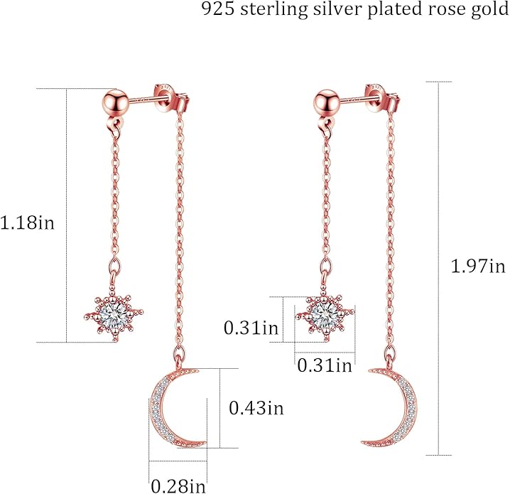 Moon and Star dangle Earrings for Women Chain Tassel with Cubic Zirconia Drop Celestial Jewelry for Wedding Gift