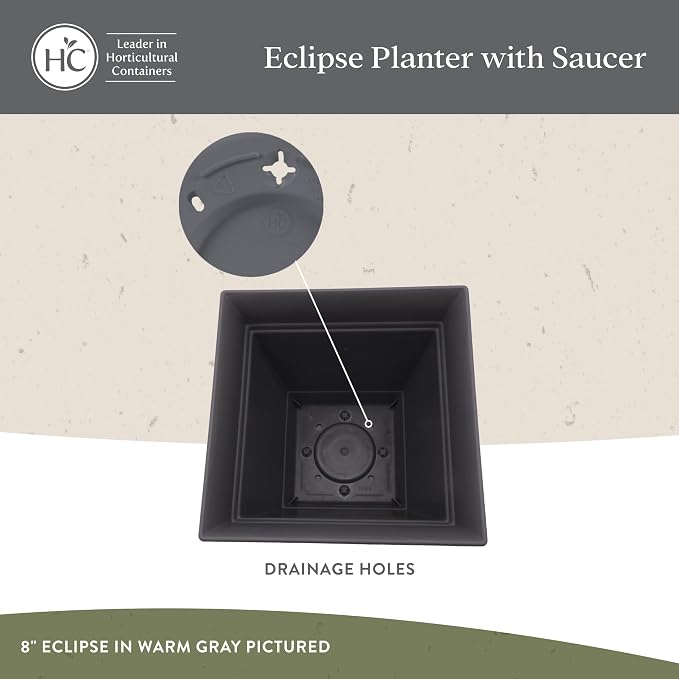 The HC Companies Eclipse Square Planter Pot, 6 Inch, Warm Gray, Attached Saucer - Image 3