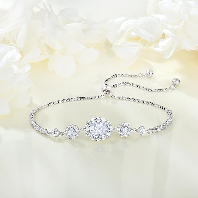 925 Sterling Silver Birthstone Bracelets for Women, Adjustable Halo Cubic Zirconia CZ Bracelet Anniversary Birthday Jewerly for Mom Wife