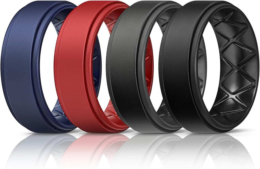 Egnaro Silicone Rings for Men 1/4/5/6/7 Multipack of Breathable Mens Silicone Rubber Wedding Rings Bands - Step Edge