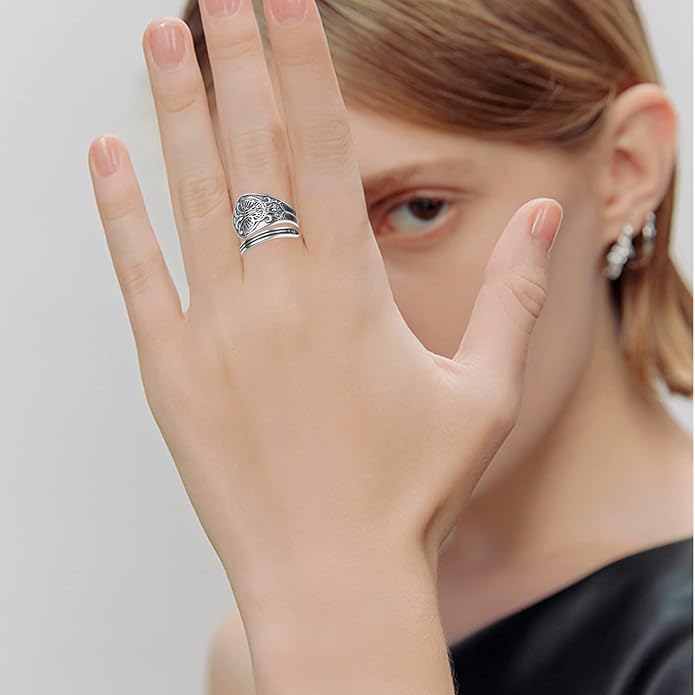 Vintage Butterfly Spoon Ring 925 Sterling Silver Adjustable Oxidized Spoon Rings Wrap Around Open Ring Thumb Statement Jewelry for Women Mom
