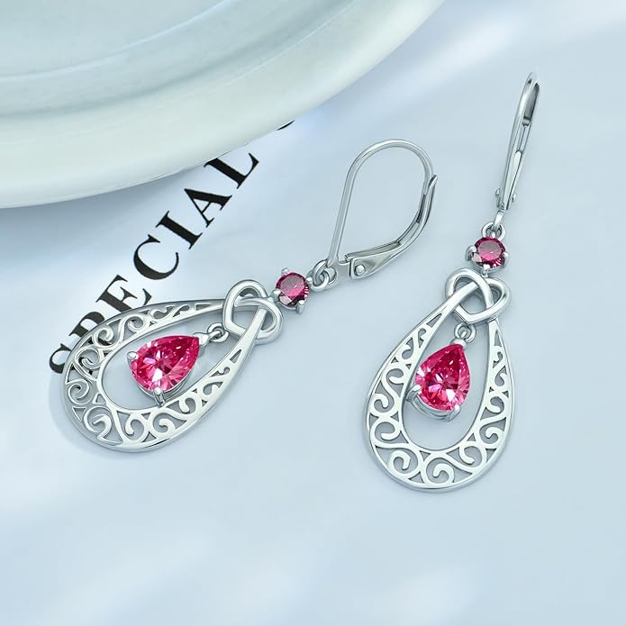 Teardrop Birthstone Dangle Drop Earrings Sterling Silver Infinity Filigree Leverback Earrings, Infinity Love Birthday Anniversary Valentines Day Gifts for Her Women Mom Wife