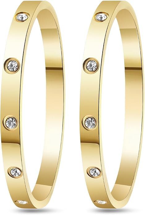2Pcs 18K Gold-Plated Love Bangle Bracelets set for Women, Stainless Steel Cubic Zirconia Bangle Crystal Friendship Jewelry, Easter Wedding Birthday Gifts for Girlfriend, Wife, Monther