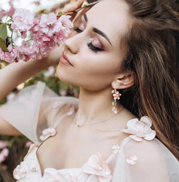 Kruckel Earrings for Women Trendy, Plum Blossom, Pink Flower Earring with Green Leaves, Sakura, New Year Earring Winter Jewelry, Fashion Design Cute Elegant with 925 Sterling Silver Post