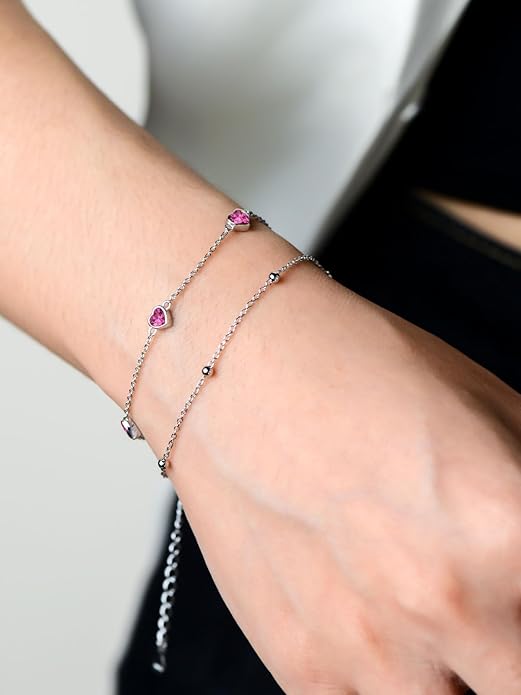 Birthstone Anklet/Bracelets for Women 925 Sterling Silver Charm Link Double Strand Heart Birthstone Jewelry Gift for Wife Women Mother's Day Gift