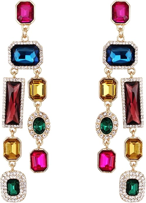 Vintage Rectangle Teardrop Chandelier Earrings, Art Deco Wedding Austrian Crystal Drop Dangle Earrings for Women Party Prom