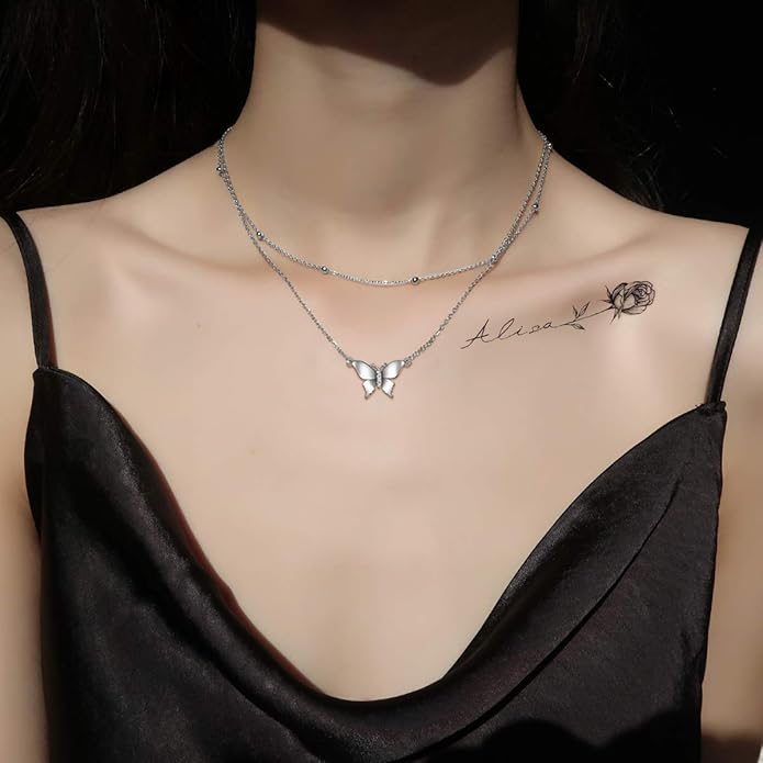FLYOW S925 Sterling Silver Dainty Butterfly/Moonstone/Turquoise/Agate/Circle Choker Necklace Short Dainty Layered Pendant Necklace Jewelry for Women Girls