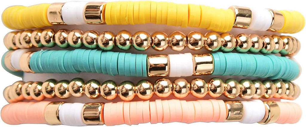GOOJIDS Surfer Heishi Clay Bead Bracelets for Women Bohemian Stackable Gold Plated Beaded Stretch Bracelets Elastic Layering Friendship Bracelets Set Boho Jewelry