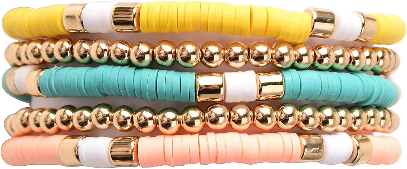 GOOJIDS Surfer Heishi Clay Bead Bracelets for Women Bohemian Stackable Gold Plated Beaded Stretch Bracelets Elastic Layering Friendship Bracelets Set Boho Jewelry