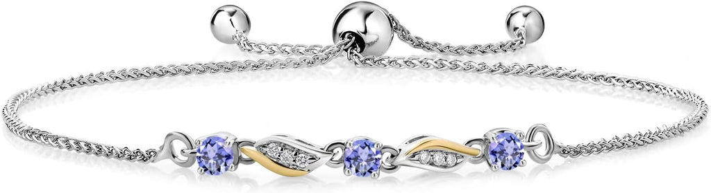 Gem Stone King 3-Stone Adjustable Bracelet for Women | 925 Silver and 10K Yellow Gold | Gemstone Birthstone and Lab Grown Diamond | Round 3MM | Two-Tone Adjustable Tennis Bracelet Up to 9 Inch