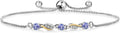 Gem Stone King 3-Stone Adjustable Bracelet for Women | 925 Silver and 10K Yellow Gold | Gemstone Birthstone and Lab Grown Diamond | Round 3MM | Two-Tone Adjustable Tennis Bracelet Up to 9 Inch
