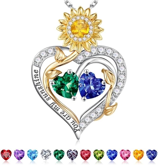 Iefil Valentines Day Gifts for Her - 925 Sterling Silver Sunflower Double Birthstone Necklace for Women, Anniversary Birthday Gifts for Wife, You Are My Sunshine Necklaces, Jewelry for Wife Mom