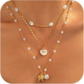 Gold Sea Shell Necklace Layered Charm Necklace for Women Boho Summer Seashell Beach Starfish Necklaces 14k Pearl Chain Surfer Jewelry Beach Vacation Essentials