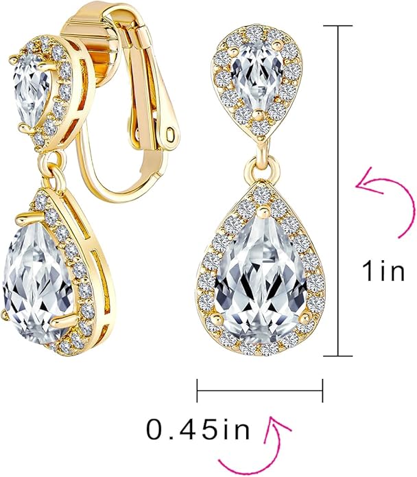 Vintage Style Bridal Cubic Zirconia Simulated Gemstone AAA CZ Halo Dangle Teardrop Chandelier Clip On Earrings For Women Silver Rose Gold Plated in Black Purple Blue Red Rose Pink Green Clear