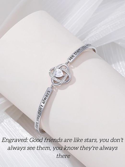 Valentines Day Gifts for Her, 18k White Gold Plated Love Knot Bracelets, Engraved Inspirational and Sentiment Bangle, Anniversary Birthday Jewelry Gift for Lover Wife Girlfriend Sister Friends