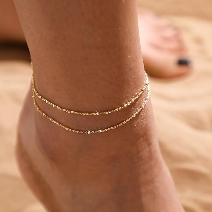 Anklets for Women 14K Gold Silver Plated Ankle Bracelets Trendy Waterproof Boho Anklets Set Adjustable Dainty Cute Diamond Beaded Heart Non Tarnish Summer Beach Jewelry Gift