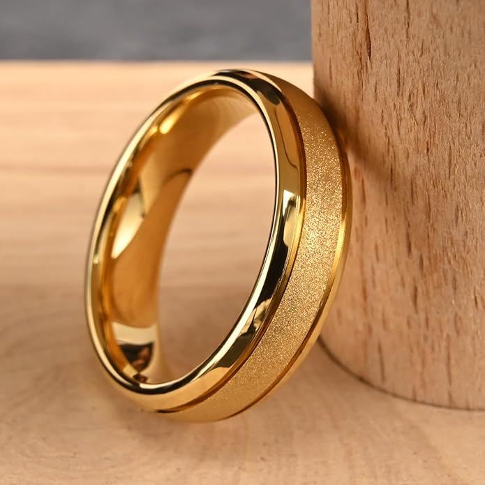 Golden Tungsten Carbide Ring for Men Women 8mm/6mm Sandblasted Inlaid Groove Men's Engagement Wedding Bands Fashionable and Luxurious