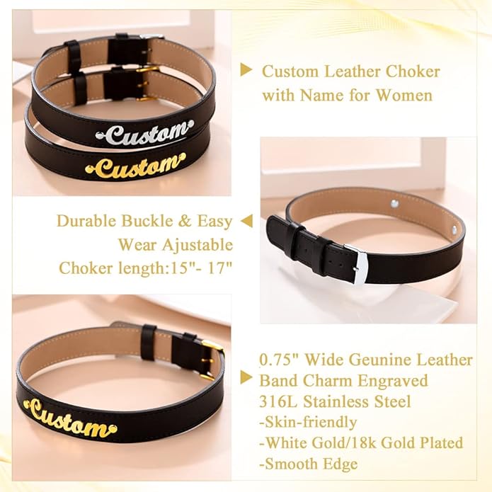 Custom4U Personalized Black Leather Choker Necklace with Picture/Name/Initials/Letters Charm,Custom Made Adjustable Choker Collar Gothic Punk Necklaces Jewelry Gifts for Women