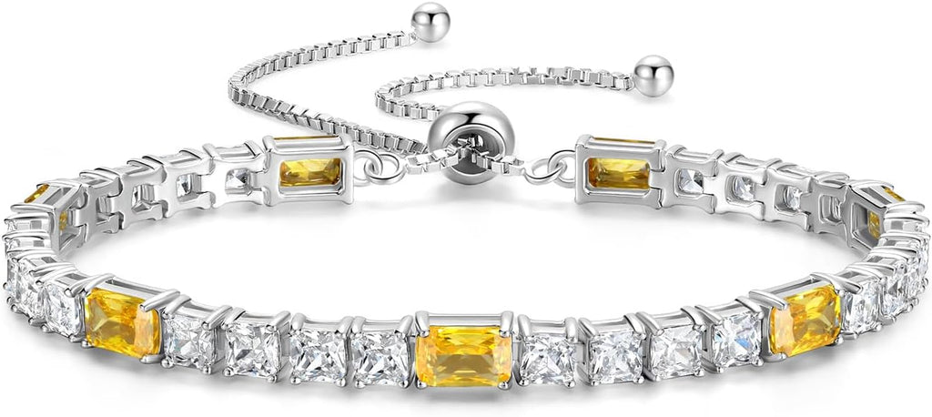 FANCIME Birthstone Bracelet for Women, Sterling Silver 4x6mm Gemstone Tennis Bracelet Bolo Adjustable Chain Fine Jewelry Birthday Gifts for Women Mom Wife Her