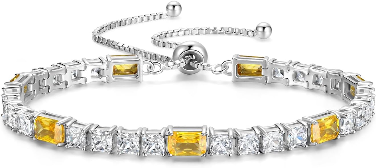 FANCIME Birthstone Bracelet for Women, Sterling Silver 4x6mm Gemstone Tennis Bracelet Bolo Adjustable Chain Fine Jewelry Birthday Gifts for Women Mom Wife Her