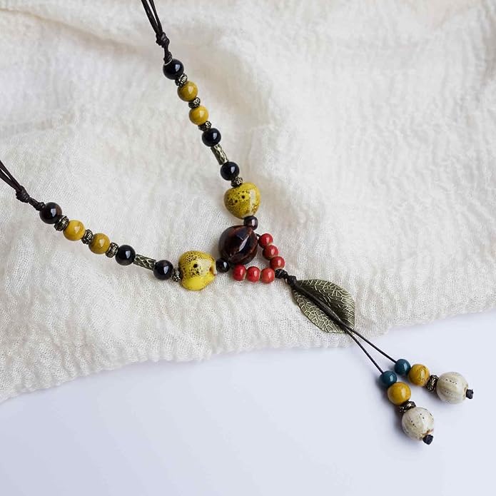 Boho Style Colorful Ceramic Bead Strand Necklace Adjustable Bohemian Jewelry Gift for Women, Fashion Clothing Matching Necklace