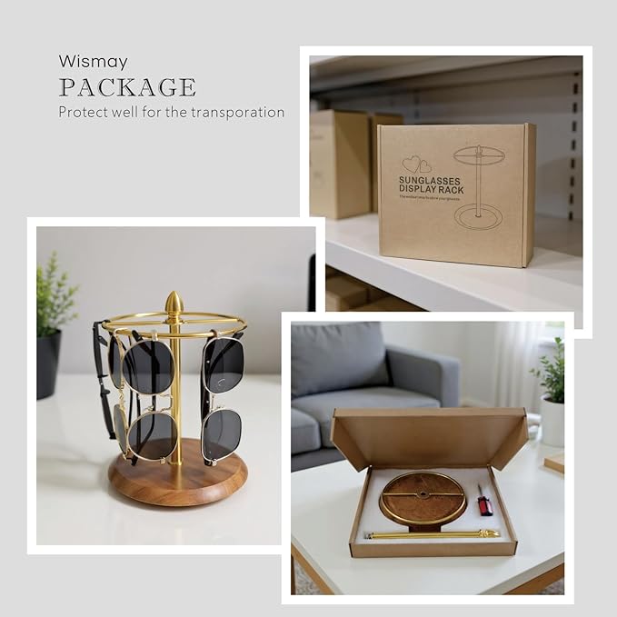 Sunglasses Organizer, Glasses Display Stand for 12 Pairs, Base Storage for Jewelry (Wood+Gold)