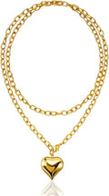 16k Gold Plated Chunky Statement Necklace for Women, Bold Thick Layered Puffy Heart Design, Long Gold Jewelry, Trendy Women's Fashion Necklace