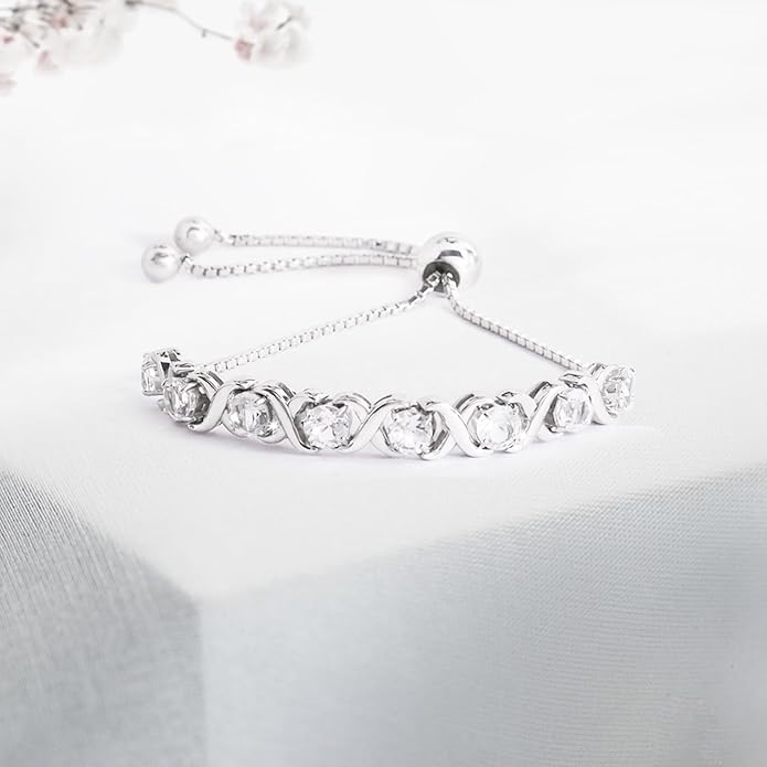 Birthstone Bangle Bracelet for Women Classic Beautiful 925 Sterling Silver Sparkling Gemstone XO Bolo Tennis Bracelet Fine Wrist Jewelry 4.2 Ct, 11"