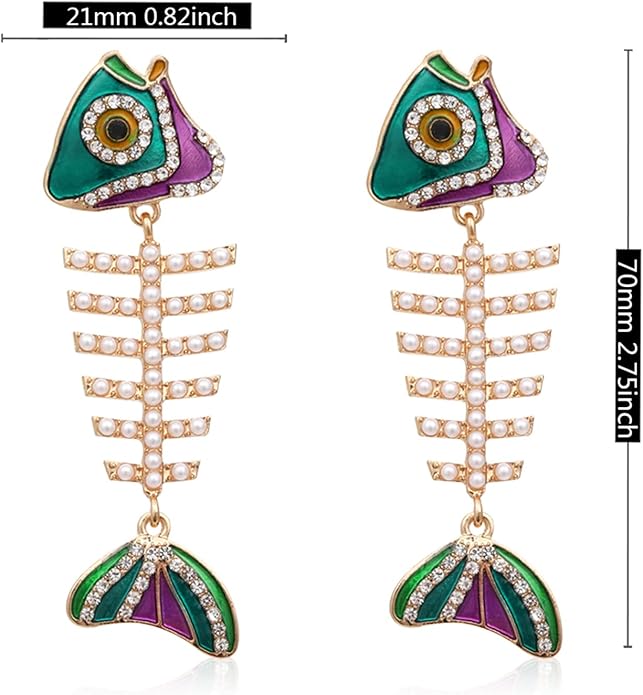 Creative Exaggerated Long Colorful Sparkly Crystal Fish Bone Dangle Drop Earrings Vintage Gold Cute Enamel Diamond Animal metal Stud Earrings