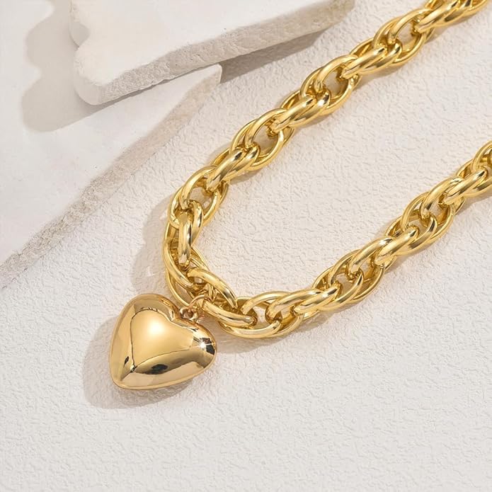 Chunky Gold Heart Necklace for Women,Y2K Big Heart Statement Necklace Long Puffy Hearts Chain Charm Necklaces Trendy Jewerly