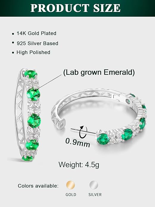 Women's Huggie Hoops with Birthstone 925 Sterling Silver Huggie Stud Hypoallergenic 14K Gold Plated Moissanite Earrings -Emerald Sapphire Ruby Hoop Earrings, Size 20 25mm