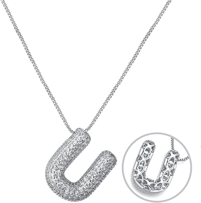 RWQIAN Letter Necklace for Women Bubble, Chunky Initial Alphabet A-Z Pendant Puffy Name Personalized Necklace Dainty Zircon CZ Fashion Jewelry Gifts for Girls Girlfriend