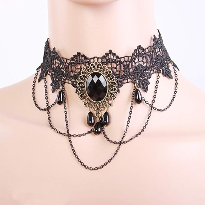 Halloween Elegant Sexy Women Lady Retro Gothic Punk Style Necklace Black Lace Neck Chain Collar Statement Choker Victorian Steampunk Jewelry Party Wedding Princess,5 Pieces/Set