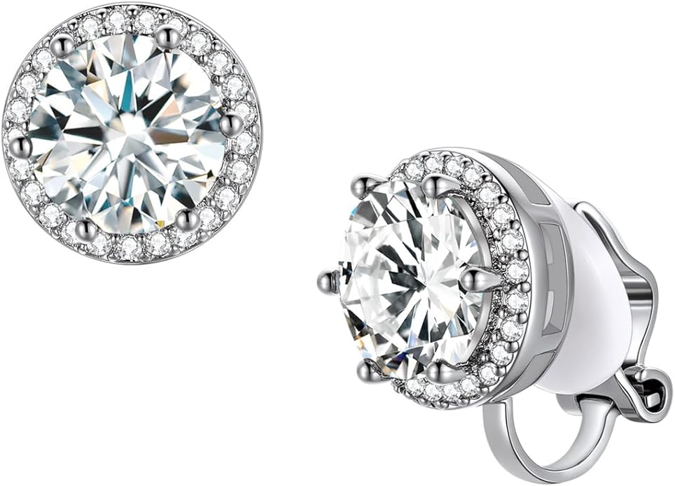 FindChic Sparkling Birthstone Clip On Earrings for Women, Silver Plated Stud Earrings 8MM Cubic Zirconia Non Pierced Studs, 12 Months Birthday Jewelry Gift