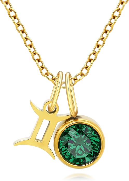MISS RIGHT Initial Birthstone Necklace for Women - Personalized Gifts Birthday Gifts for Women Stainless Steel 18K Gold Plated Dainty Gold Zodiac Sign 12 Constellation Horoscope Necklace Jewelry