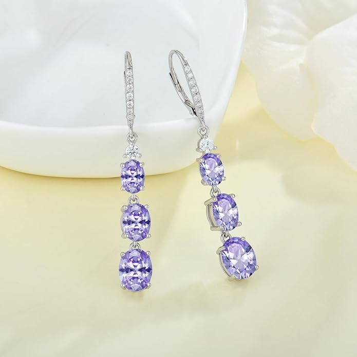 Women 925 Sterling Silver Birthstone 3-stone Leverback Drop Dangle Earrings 5A Cubic Zirconia Jewelry for Her