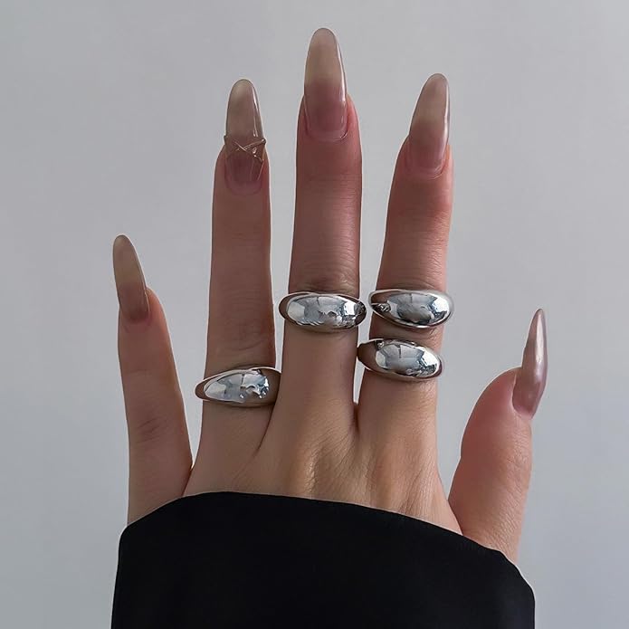 MIFYNN Chunky Gold Rings for Women Gold Silver Adjustable Thick Ring Fashion Statement Ring Open Dome Ring Chunky Silver Rings Geometric Curved Minimalist Simple Rings