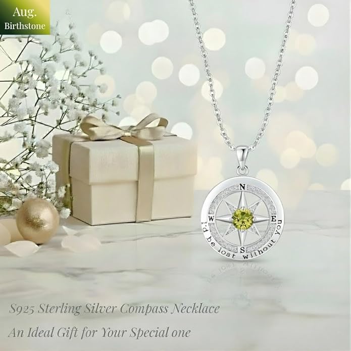 Compass Necklace for Women Wife Girlfriend Mom Daughter Gifts S925 Sterling Silver Jewelry For Anniversary Rose Gold Gifts For Birthday Christmas Mothers Valentines Day 12 Birthstones