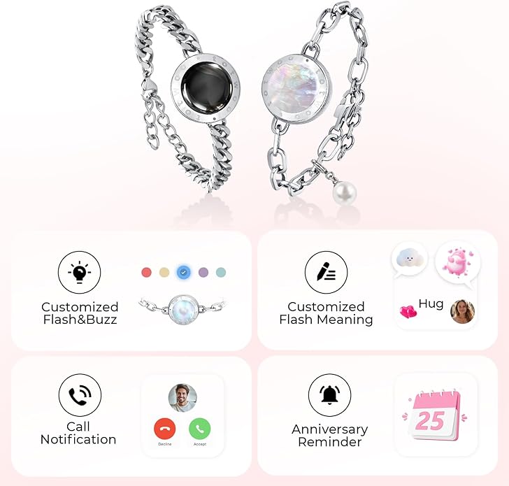 TOTWOO Long Distance Touch Bracelets for Couples, Smart Light & Vibration Love Jewelry, Long Distance Valentines Day Gifts for Him Her Women Men, One-to-One Bluetooth Pairing via App