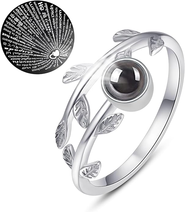 PRAYMOS 925 Sterling Silver Leaf Ring White Opal Moonstone Rings Adjustable Open Ring for Women with Jewelry Box Size 7-9